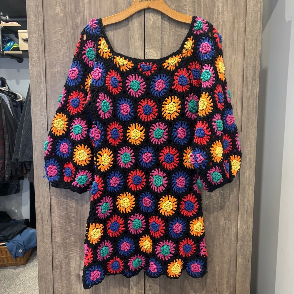 Farm Rio Black Flower Crochet Dress large - Picture 2 of 11
